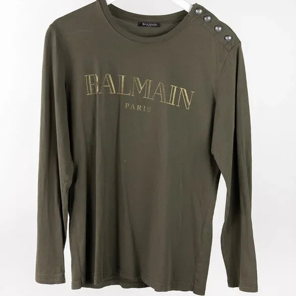 *SOLD* Balmain Khaki Long Sleeve Paris Logo Button Tee